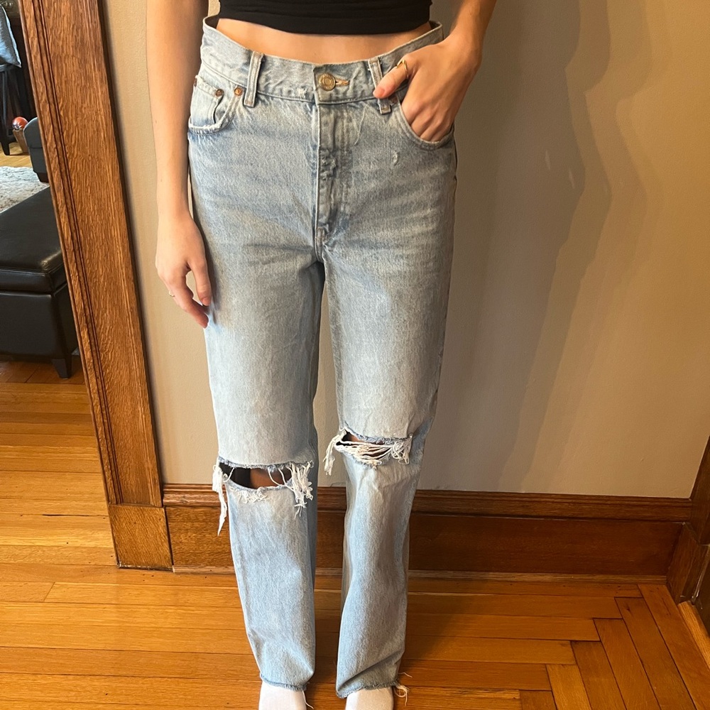 Zara light wash high waisted wide leg ripped jeans